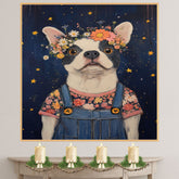 Dog Wall Art Boston Terrier in Floral Crown and Overalls Whimsical Nursery Decor Cottagecore Dog Lovers Gift Farmhouse Bedroom Country Wall Art on Ready to Hang 1.5" Thick Canvas Wrap, Floating Framed Canvas, Flat Rolled Canvas